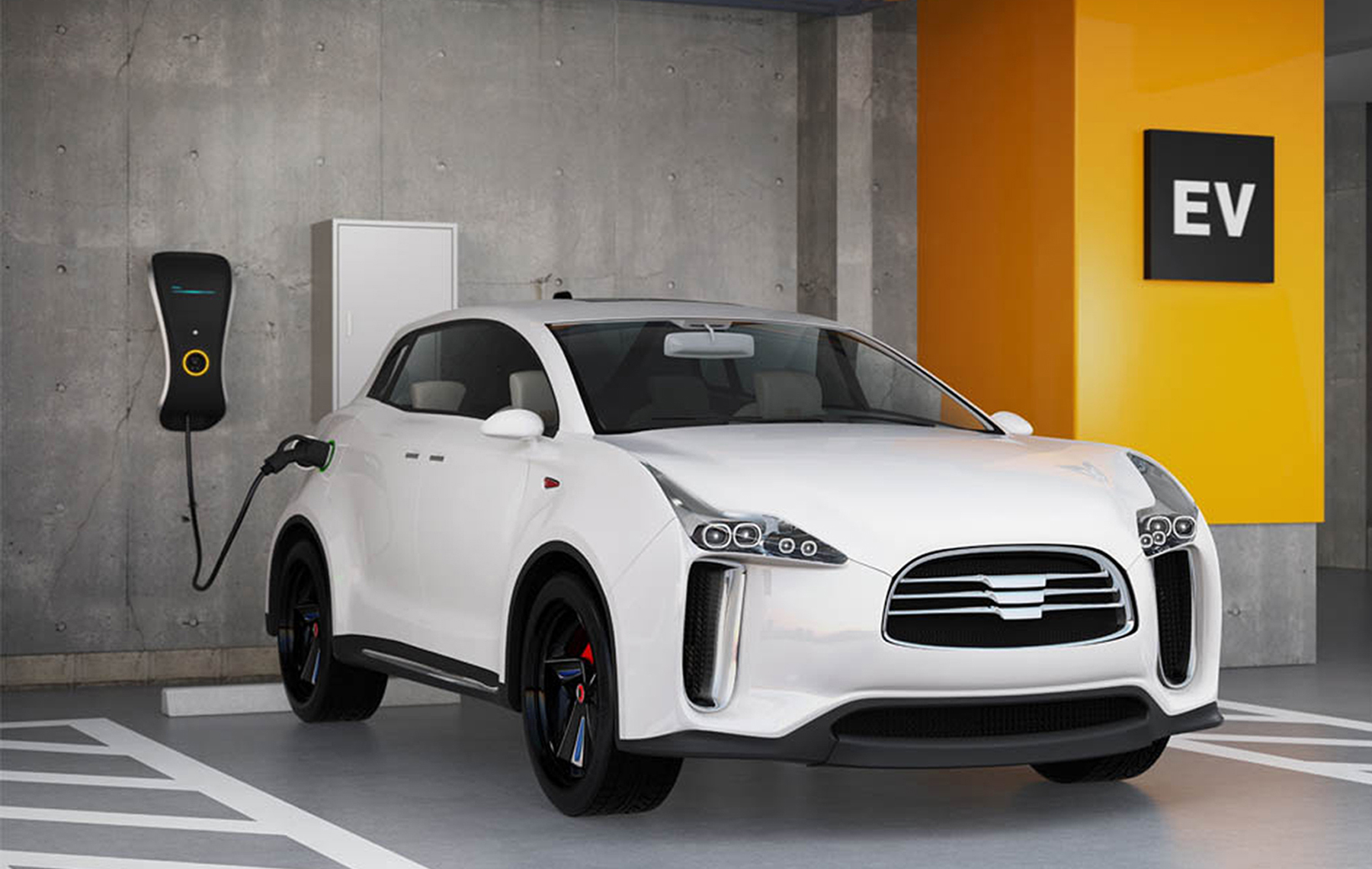 电动汽车在车库中的墙壁充电器上充电